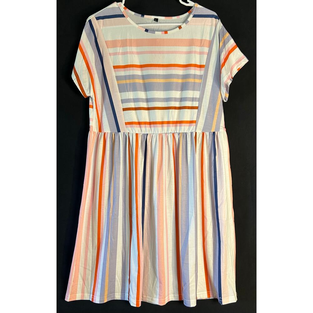Striped Babydoll Dress Pastel Multicolor Short Sleeve Flowy Size Large